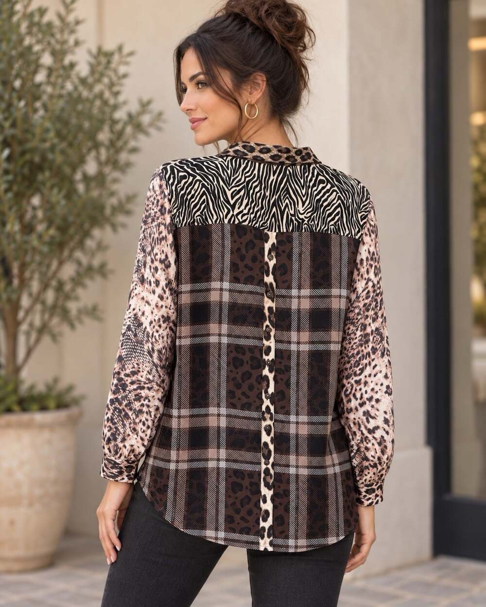 John Mark XL Animal Print Plaid Button Shirt Leopard Blouse Boho Mixed Fall Art